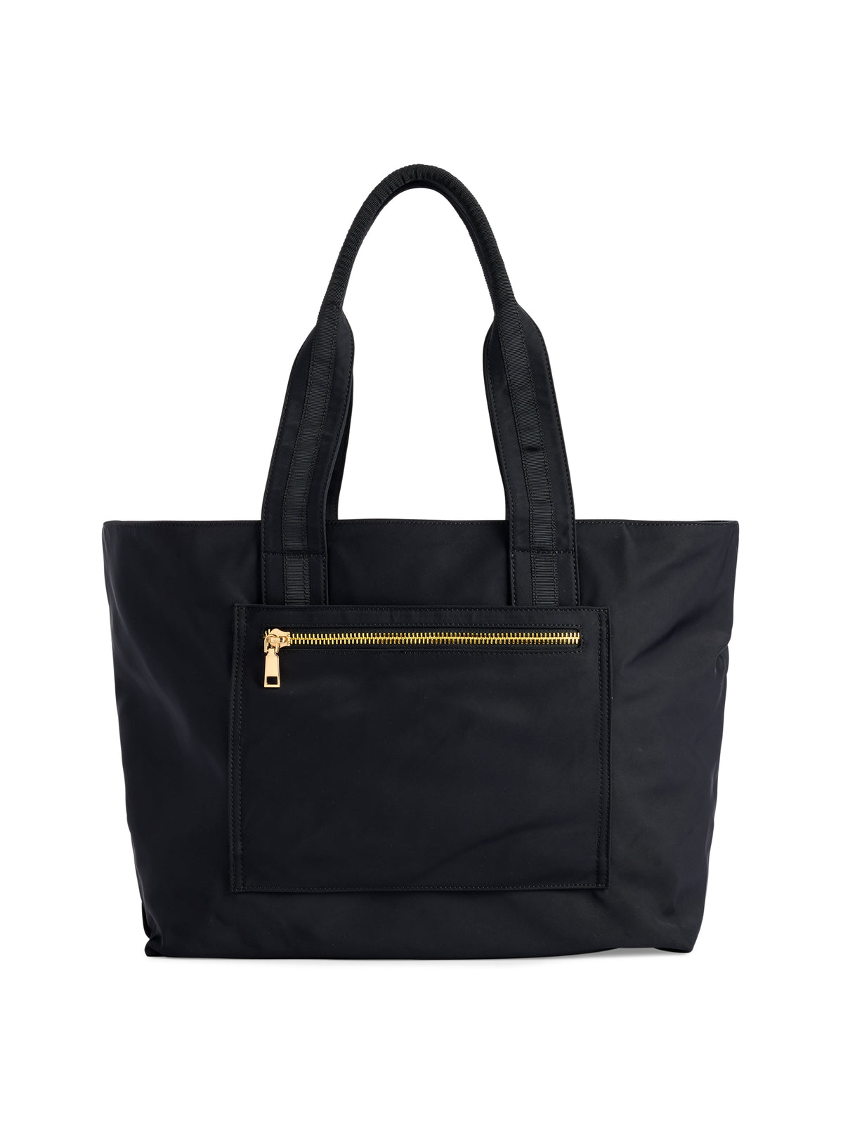 Jet Tote with Trolley Sleeve and Zip Pockets, A black tote with gold zippers, a large front zip pocket and a cream knotted tassel on the zipper pull.