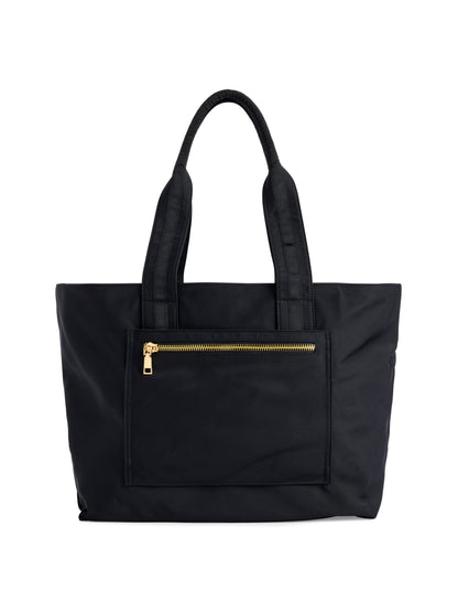 Jet Tote with Trolley Sleeve and Zip Pockets, A black tote with gold zippers, a large front zip pocket and a cream knotted tassel on the zipper pull.
