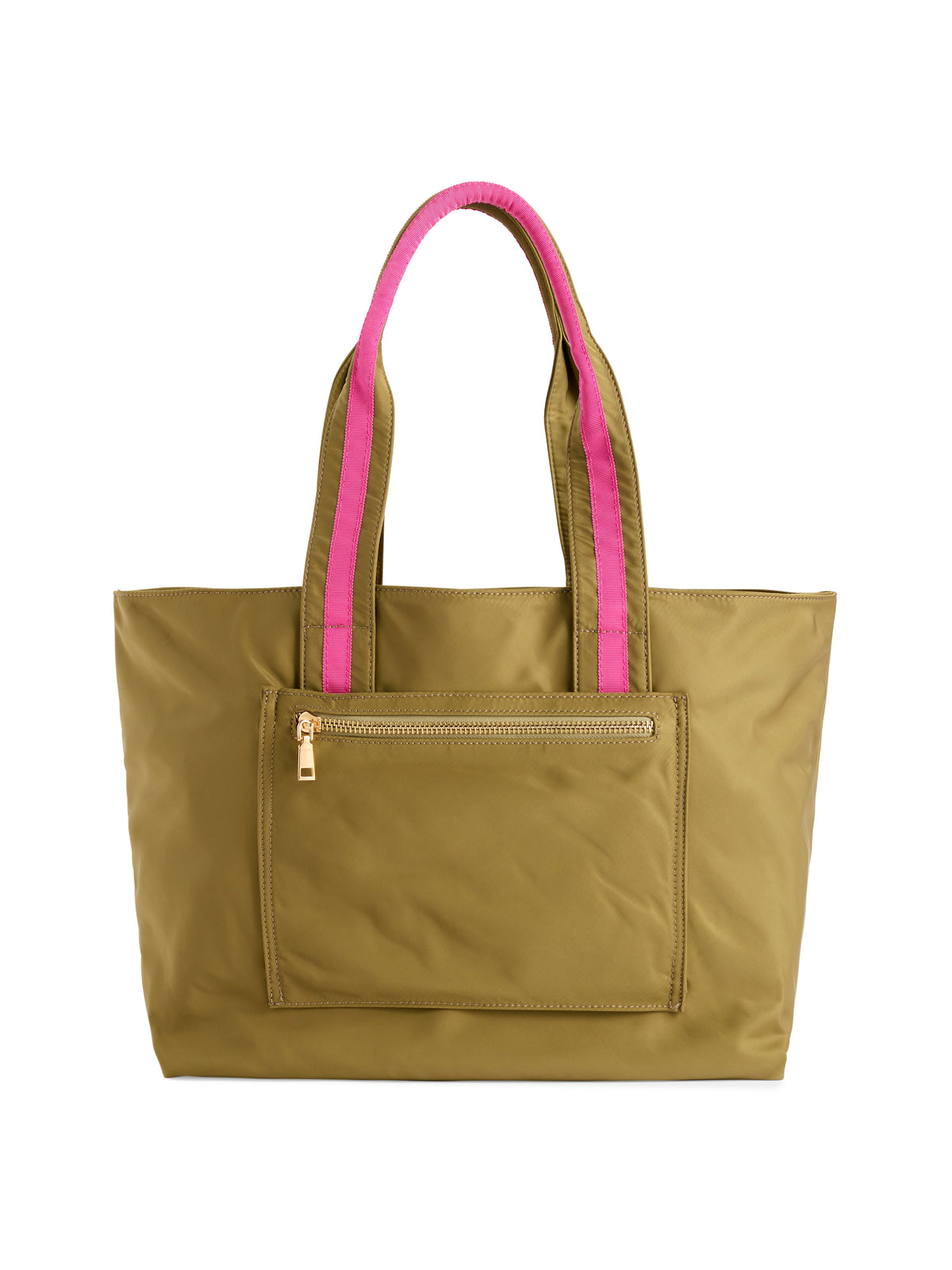 Jet Tote with Trolley Sleeve and Zip Pockets, A black tote with gold zippers, a large front zip pocket and a cream knotted tassel on the zipper pull.