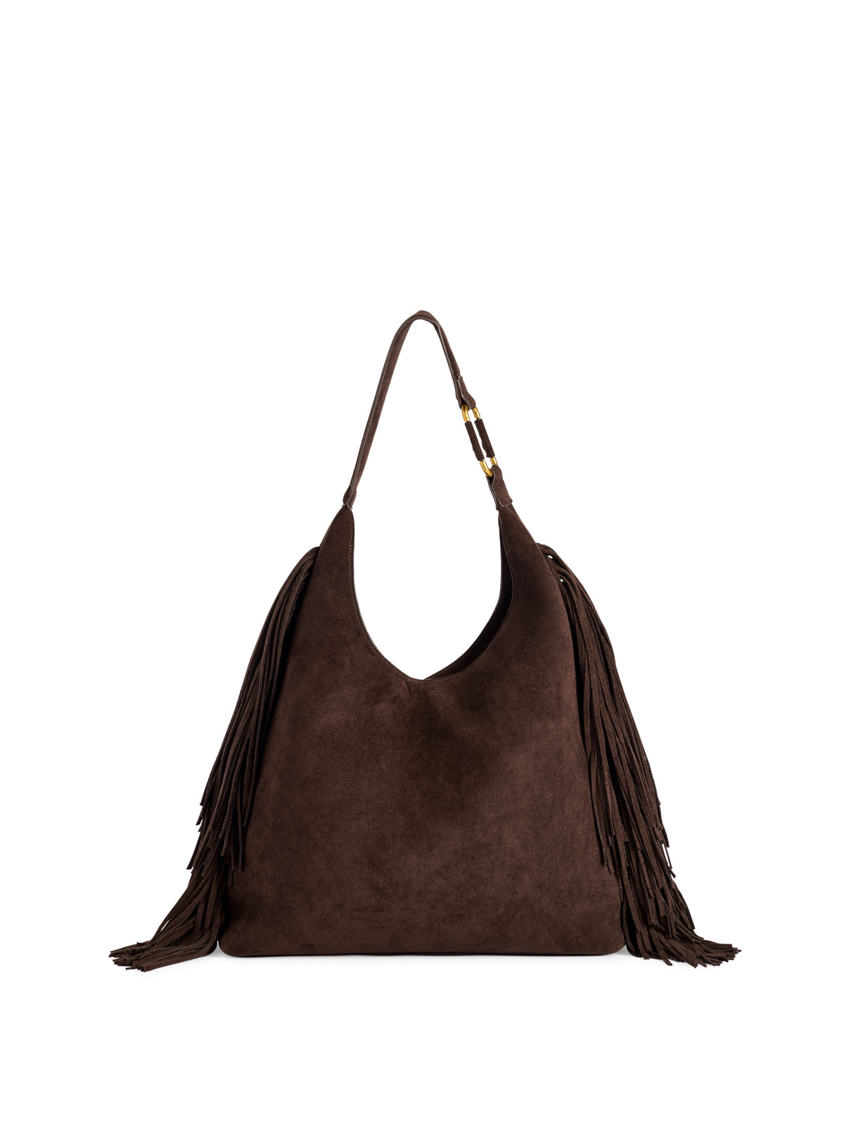 Janis Fringe Hobo Bag, Chocolate, A chocolate brown suede-inspired hobo bag with a single shoulder strap, gold-tone rings and long fringe down both sides.