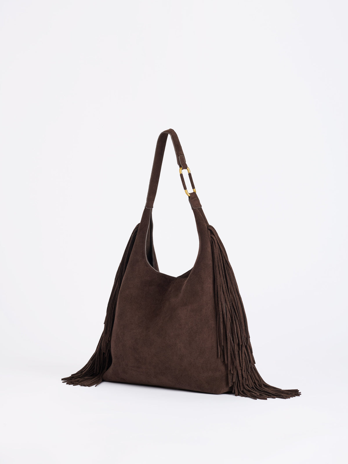 Janis Fringe Hobo Bag, Chocolate, A chocolate brown suede-inspired hobo bag with a single shoulder strap, gold-tone rings and long fringe down both sides.