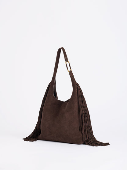 Janis Fringe Hobo Bag, Chocolate, A chocolate brown suede-inspired hobo bag with a single shoulder strap, gold-tone rings and long fringe down both sides.