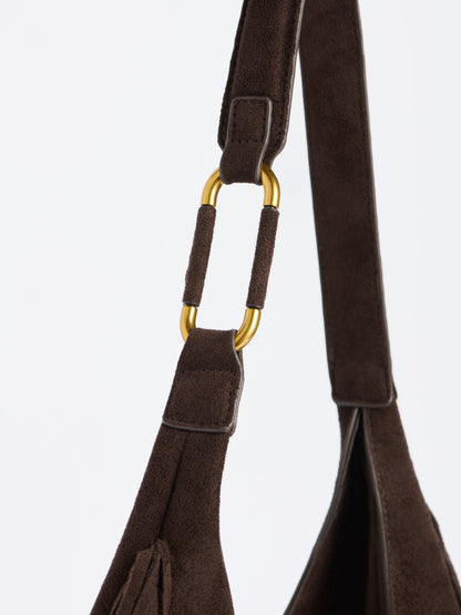 Janis Fringe Hobo Bag, Chocolate, shown in a styled setting
