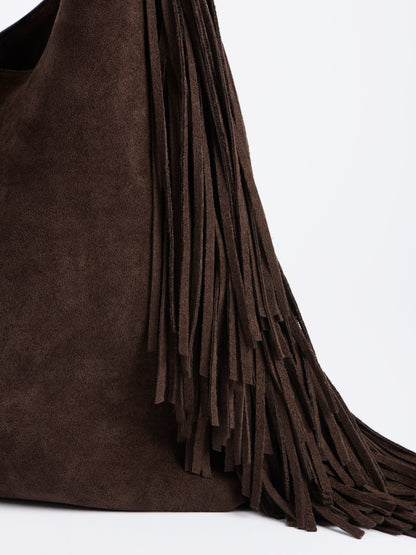 Janis Fringe Hobo Bag, Chocolate, shown in a styled setting