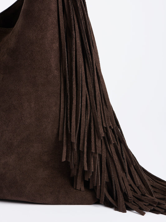 Janis Fringe Hobo Bag, Chocolate, shown in a styled setting