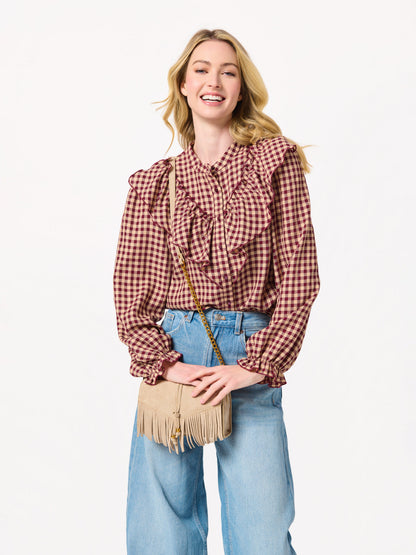Janis Fringe Cross-Body Bag and Wristlet, A chocolate brown suede-inspired fringed bag with a long gold chain and brown strap and a wristlet loop on the side.