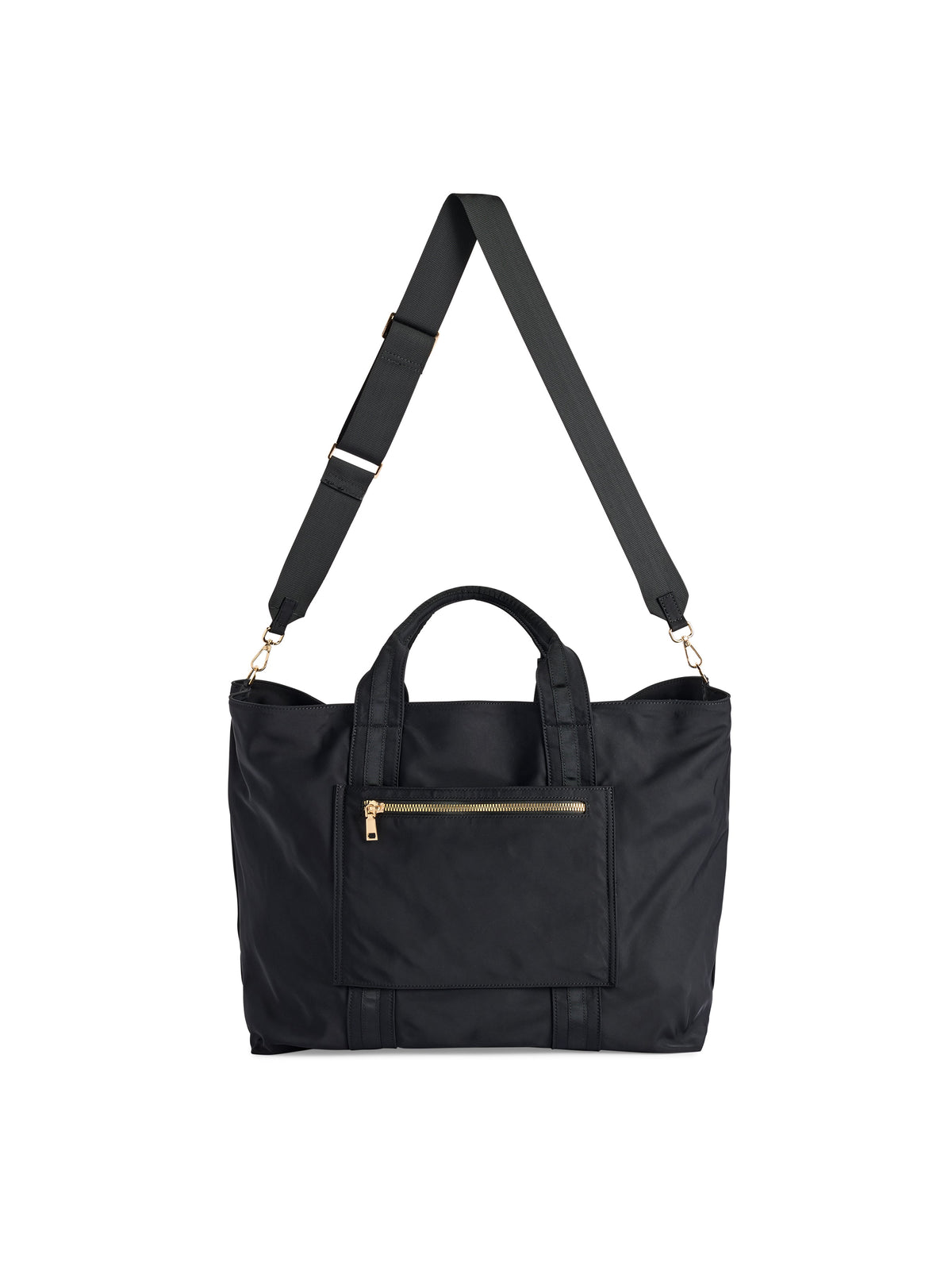 Jet Travel Tote with Cross-Body Strap, A black tote with two top handles, a long black cross-body strap, a front zip pocket and a cream knotted tassel on the zipper pull.