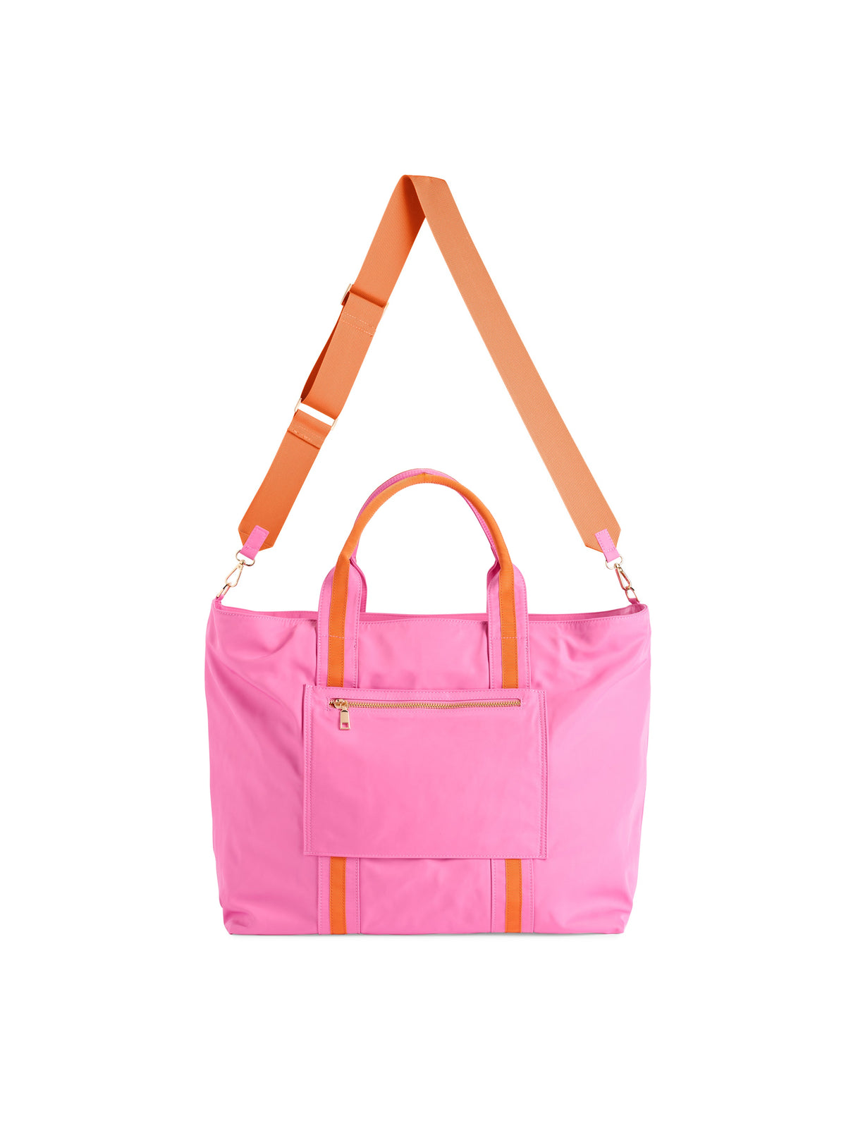 Jet Travel Tote with Cross-Body Strap, A black tote with two top handles, a long black cross-body strap, a front zip pocket and a cream knotted tassel on the zipper pull.