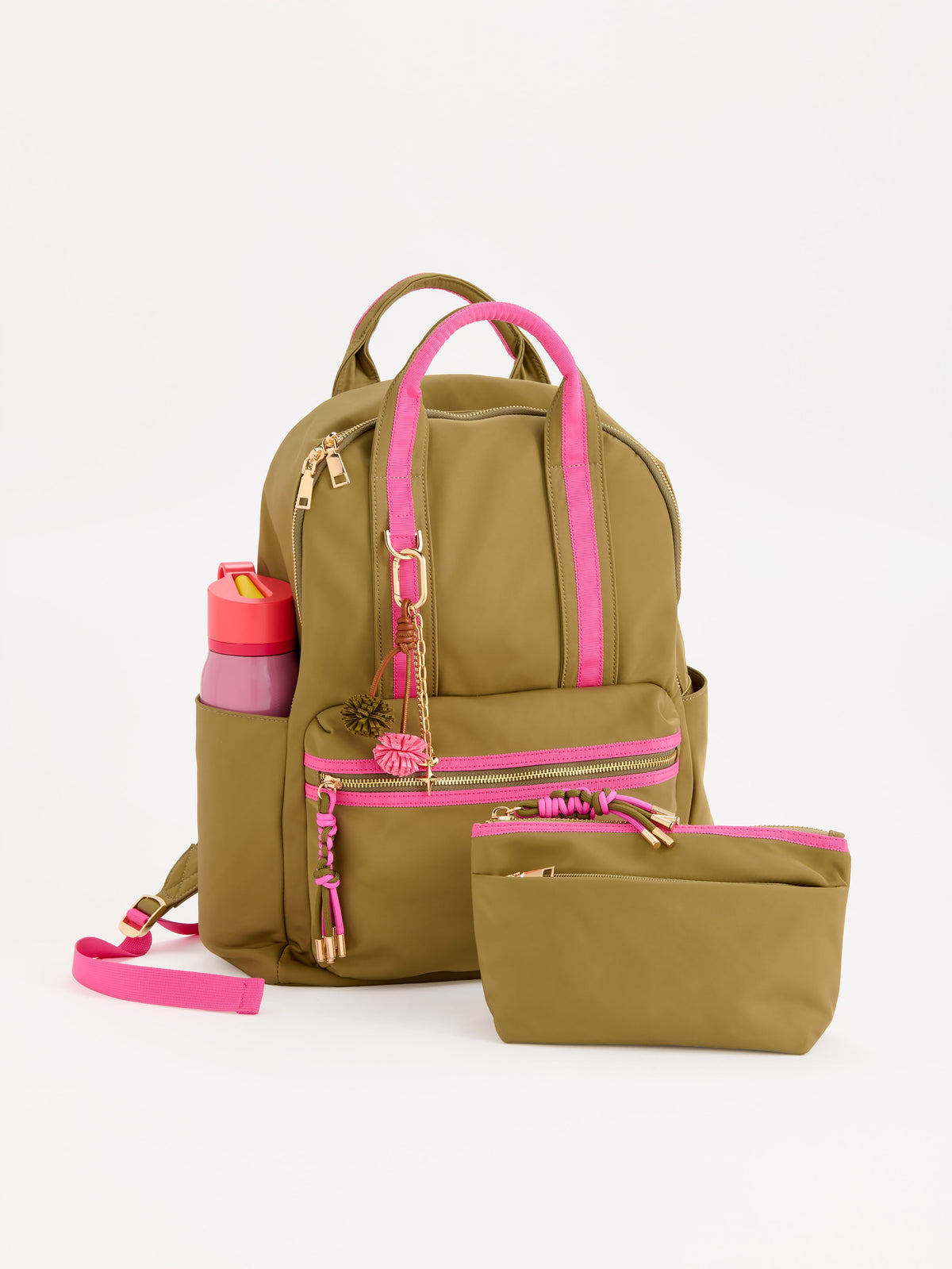 Jet Backpack with Inner Tech Sleeve, A navy backpack with bright green handles and zipper trim, a front zip pocket, side pockets and a green and navy tassel zipper pull.