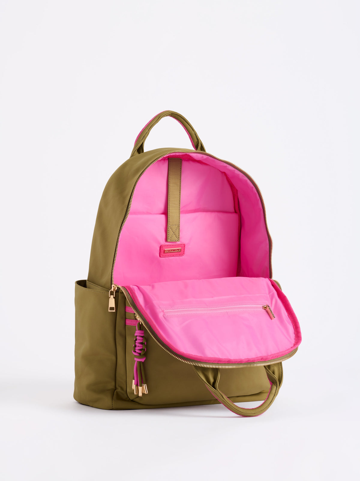 Jet Backpack with Inner Tech Sleeve, A navy backpack with bright green handles and zipper trim, a front zip pocket, side pockets and a green and navy tassel zipper pull.