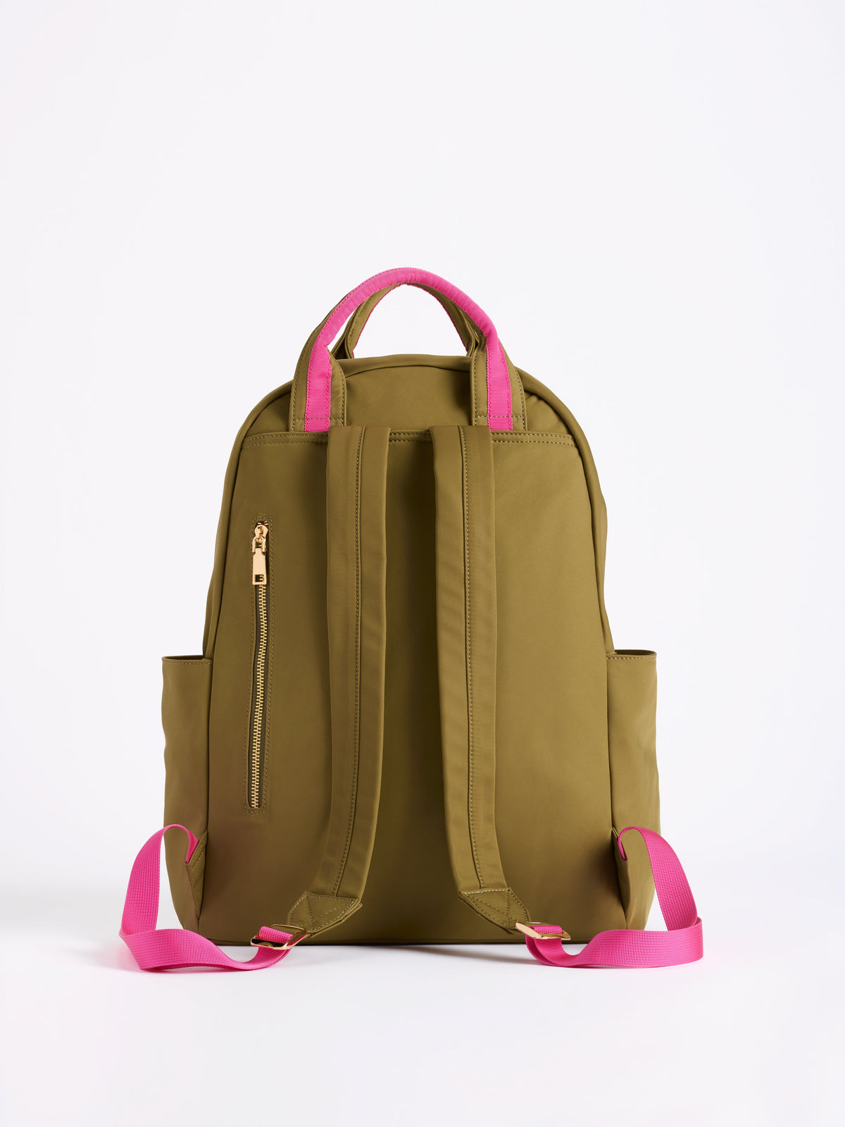 Jet Backpack with Inner Tech Sleeve, A navy backpack with bright green handles and zipper trim, a front zip pocket, side pockets and a green and navy tassel zipper pull.
