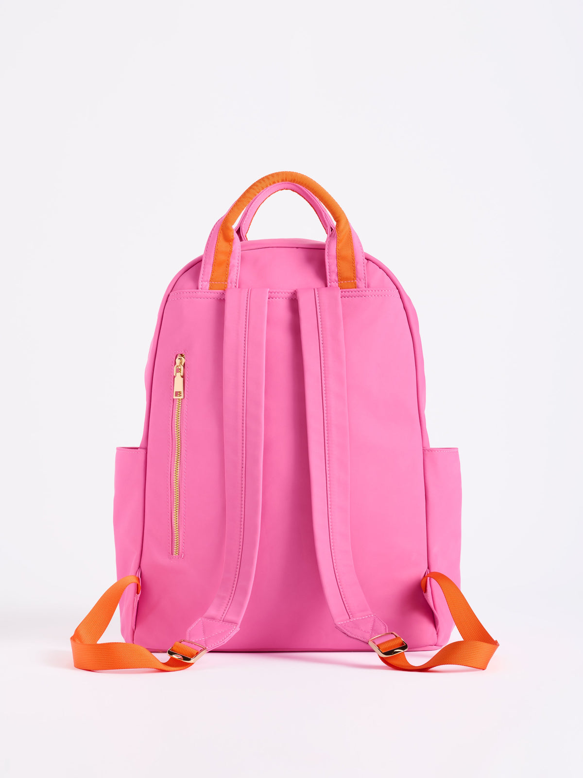 Jet Backpack with Inner Tech Sleeve, A navy backpack with bright green handles and zipper trim, a front zip pocket, side pockets and a green and navy tassel zipper pull.