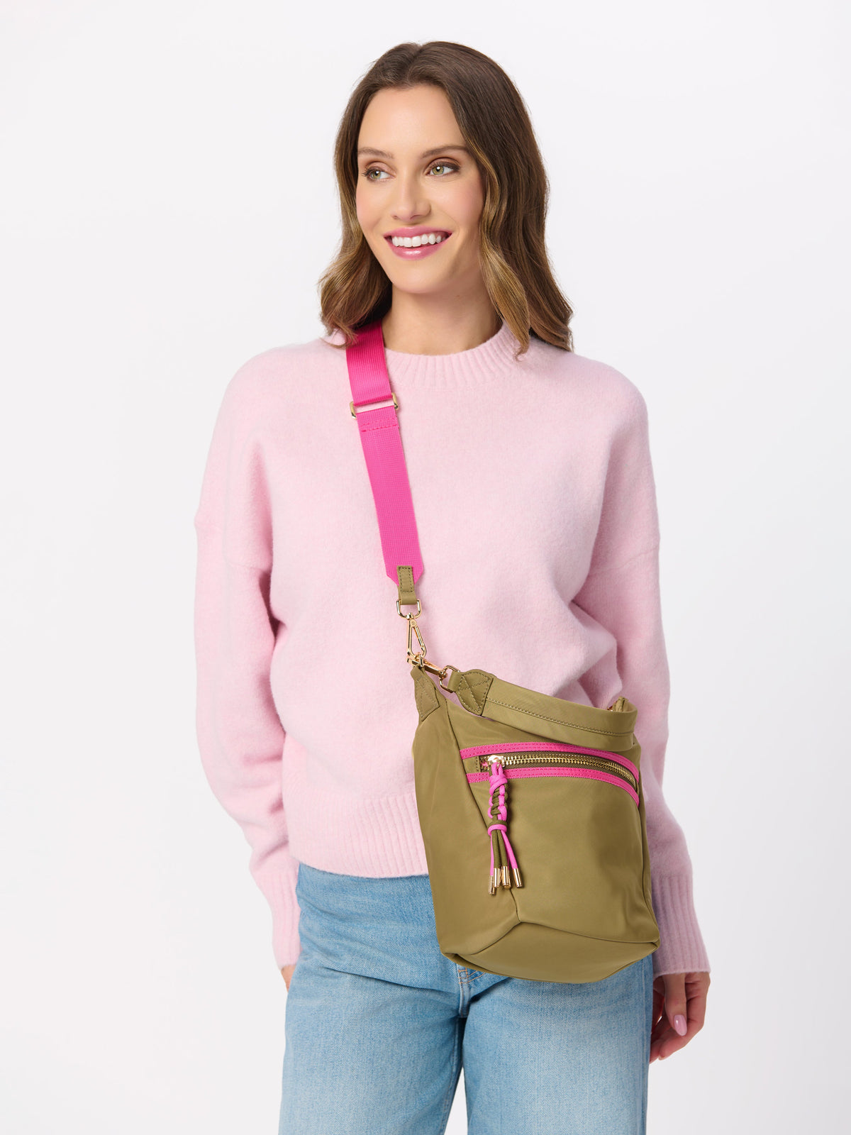 Jet Convertible Cross-Body Bag with Top Handles, shown in a styled setting