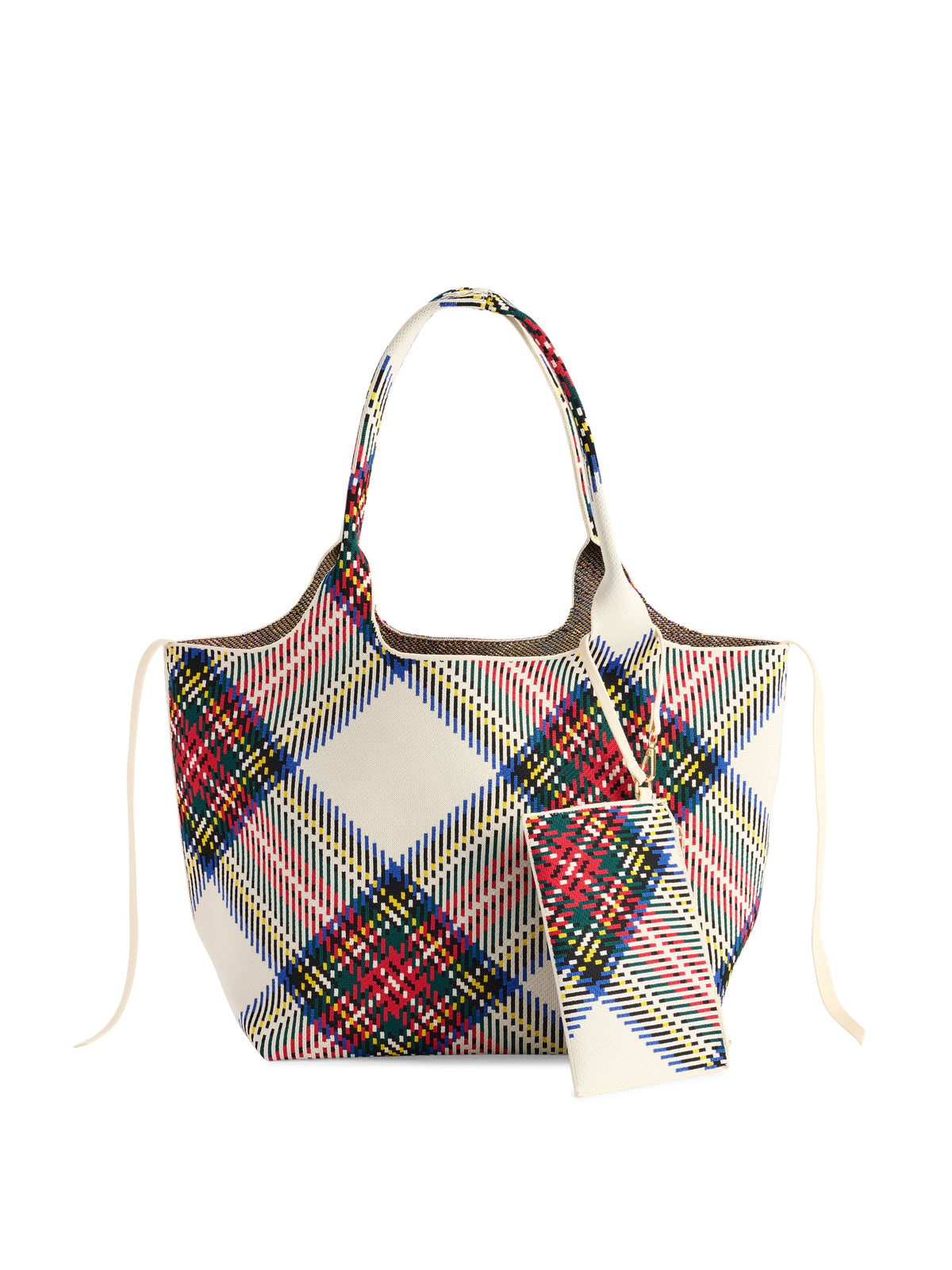 Robbie Plaid Knit Tote with Tie Closures, Ivory, An ivory knit tote with a bold diagonal plaid in red, green, blue and yellow, a cream tie at each side and a matching zip pouch.