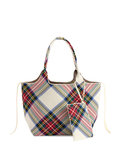 Robbie Plaid Knit Tote with Tie Closures, Ivory, An ivory knit tote with a bold diagonal plaid in red, green, blue and yellow, a cream tie at each side and a matching zip pouch.