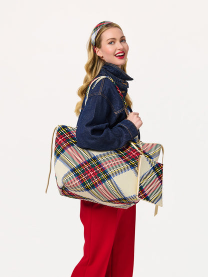 Robbie Plaid Knit Tote with Tie Closures, Ivory, An ivory knit tote with a bold diagonal plaid in red, green, blue and yellow, a cream tie at each side and a matching zip pouch.