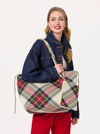 Robbie Plaid Knit Tote with Tie Closures, Ivory, shown in a styled setting