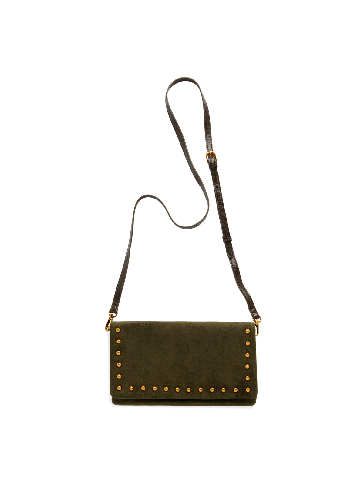 Lennon Studded Cross-Body Bag and Wristlet, Olive, An olive suede-inspired bag with gold studs along the flap edge, a thin dark strap looped above it and a hand strap at the side.