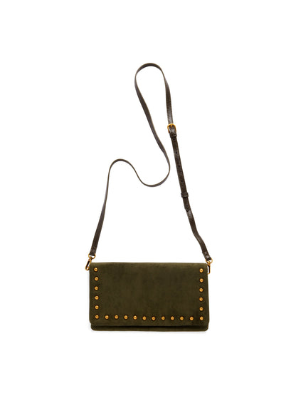 Lennon Studded Cross-Body Bag and Wristlet, Olive, An olive suede-inspired bag with gold studs along the flap edge, a thin dark strap looped above it and a hand strap at the side.