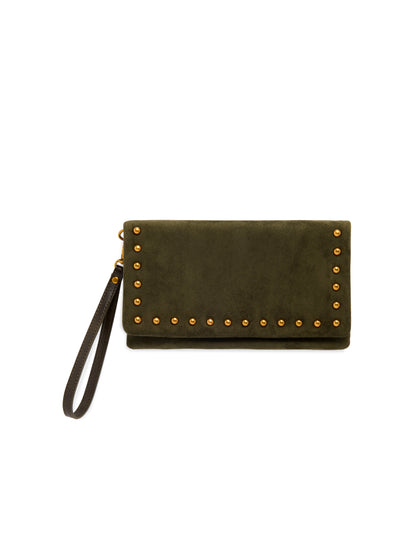 Lennon Studded Cross-Body Bag and Wristlet, Olive, An olive suede-inspired bag with gold studs along the flap edge, a thin dark strap looped above it and a hand strap at the side.