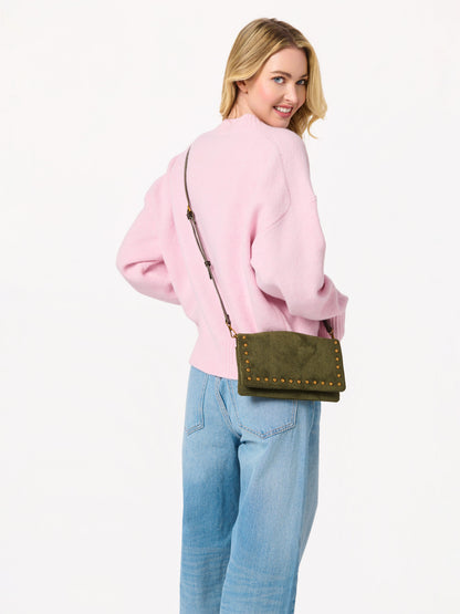 Lennon Studded Cross-Body Bag and Wristlet, Olive, An olive suede-inspired bag with gold studs along the flap edge, a thin dark strap looped above it and a hand strap at the side.