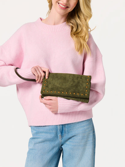 Lennon Studded Cross-Body Bag and Wristlet, Olive, shown in a styled setting