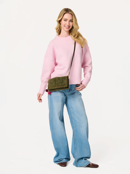 Lennon Studded Cross-Body Bag and Wristlet, Olive, An olive suede-inspired bag with gold studs along the flap edge, a thin dark strap looped above it and a hand strap at the side.