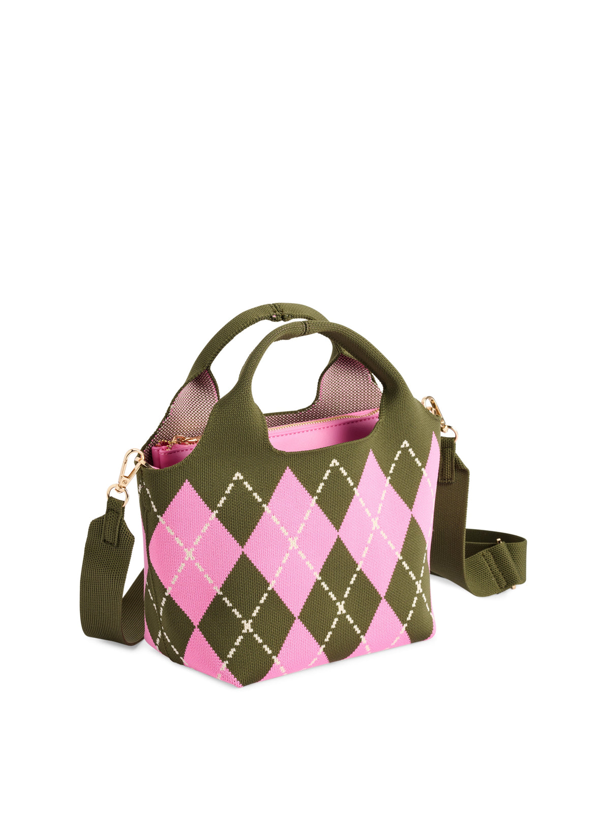 Robbie Argyle Knit Mini Tote with Cross-Body Strap, Pink, A small knit tote with pink and olive argyle diamonds, two olive top handles, gold clips and an olive cross-body strap.