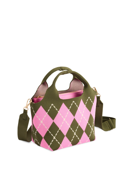 Robbie Argyle Knit Mini Tote with Cross-Body Strap, Pink, A small knit tote with pink and olive argyle diamonds, two olive top handles, gold clips and an olive cross-body strap.