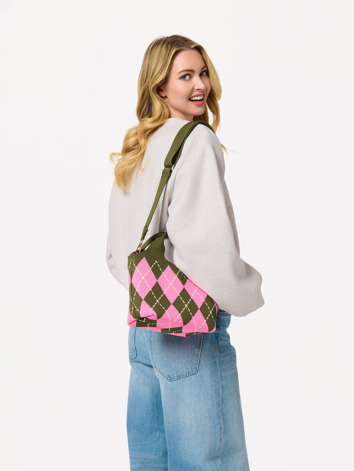 Robbie Argyle Knit Mini Tote with Cross-Body Strap, Pink, A small knit tote with pink and olive argyle diamonds, two olive top handles, gold clips and an olive cross-body strap.