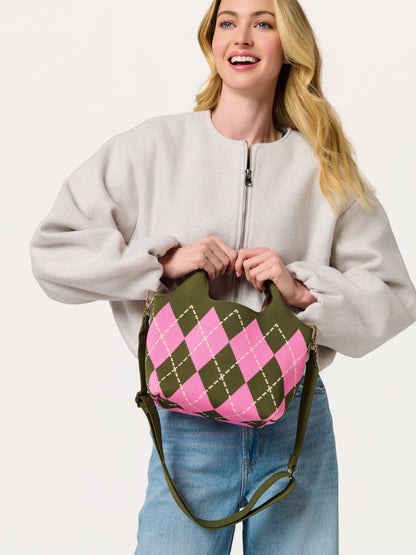 Robbie Argyle Knit Mini Tote with Cross-Body Strap, Pink, shown in a styled setting