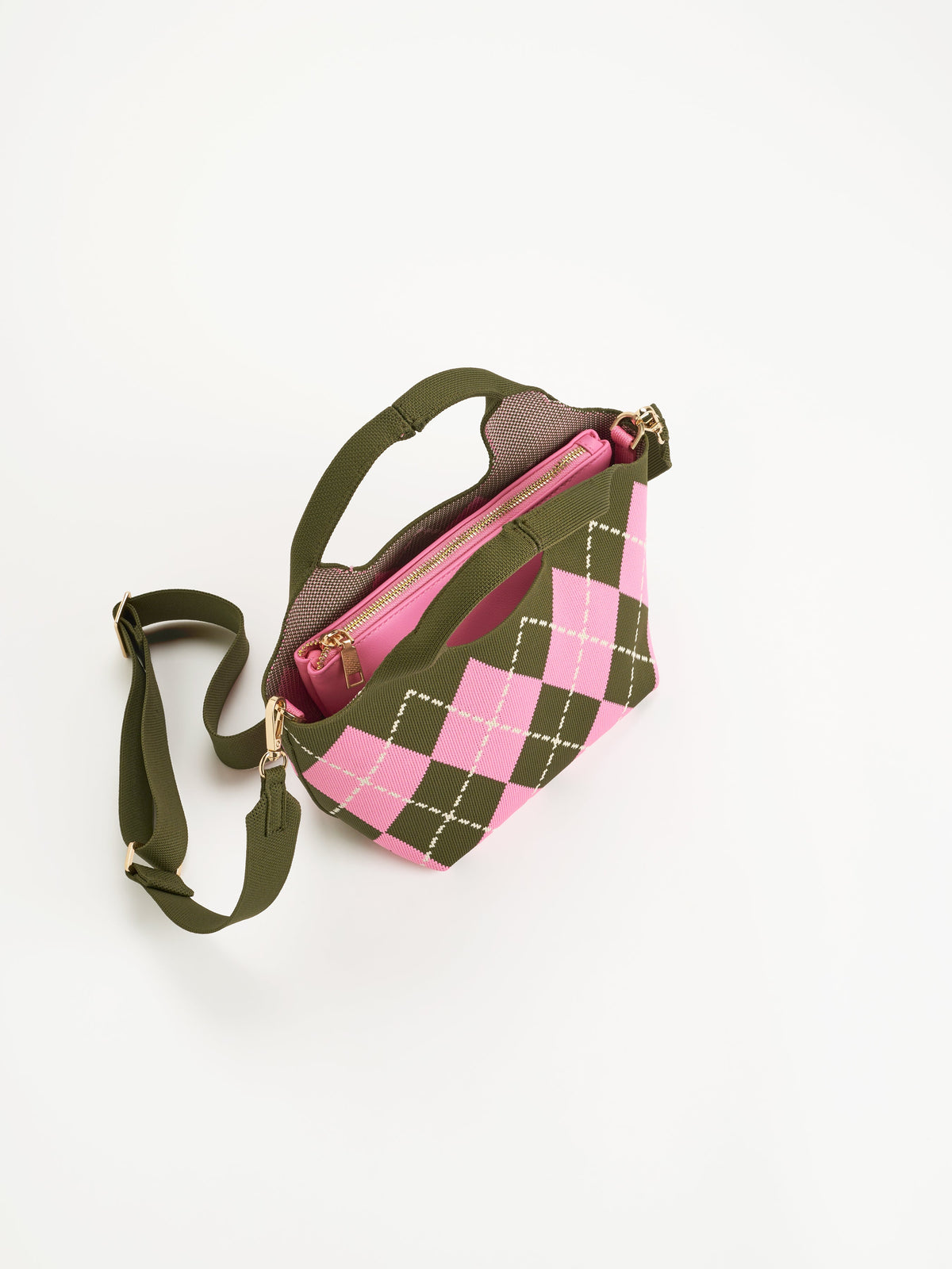 Robbie Argyle Knit Mini Tote with Cross-Body Strap, Pink, A small knit tote with pink and olive argyle diamonds, two olive top handles, gold clips and an olive cross-body strap.