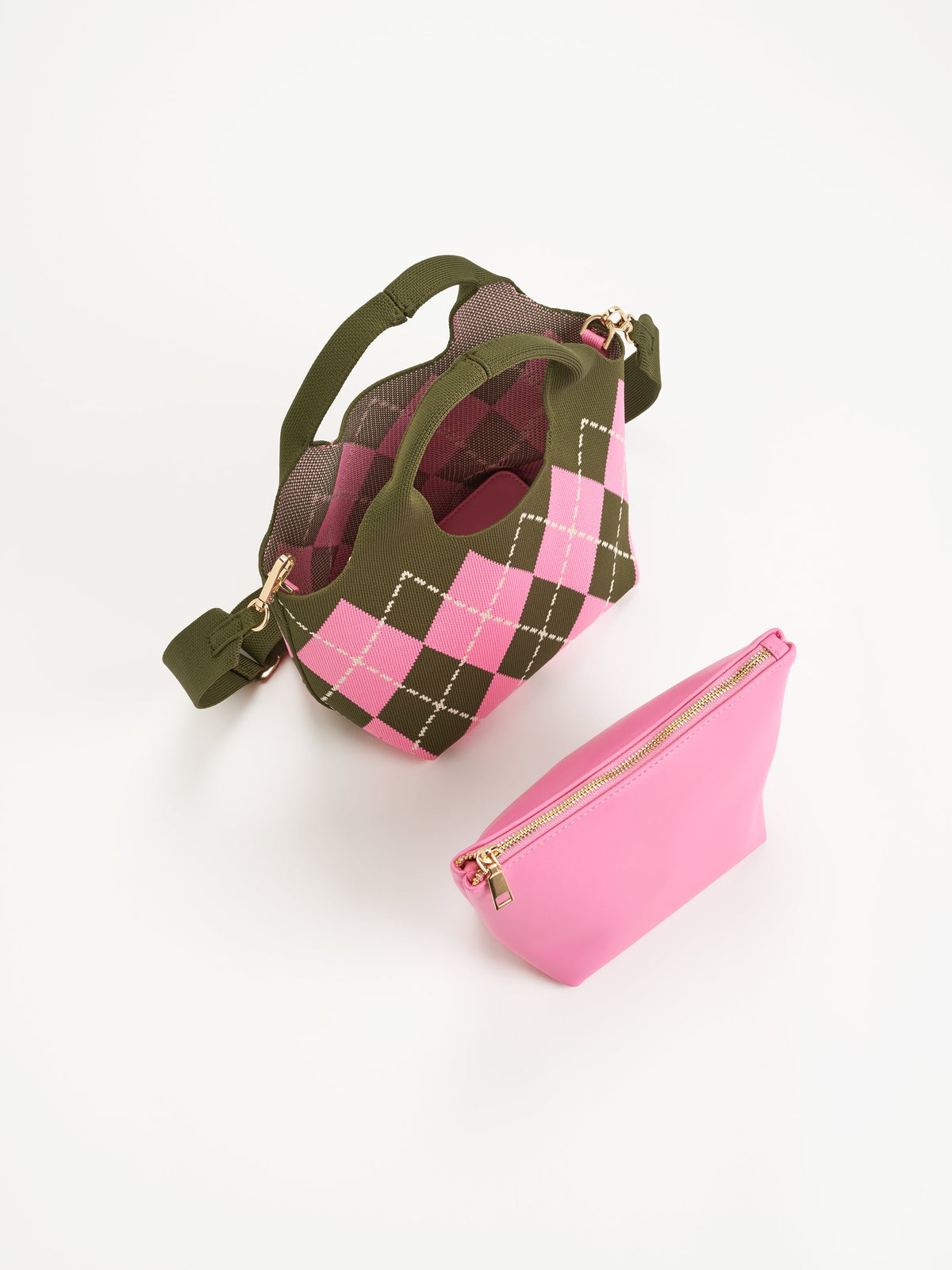 Robbie Argyle Knit Mini Tote with Cross-Body Strap, Pink, A small knit tote with pink and olive argyle diamonds, two olive top handles, gold clips and an olive cross-body strap.
