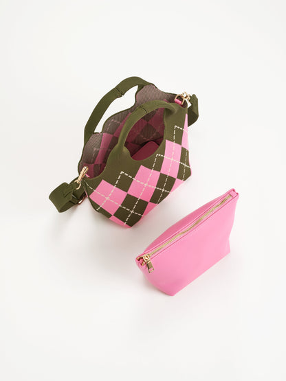 Robbie Argyle Knit Mini Tote with Cross-Body Strap, Pink, A small knit tote with pink and olive argyle diamonds, two olive top handles, gold clips and an olive cross-body strap.