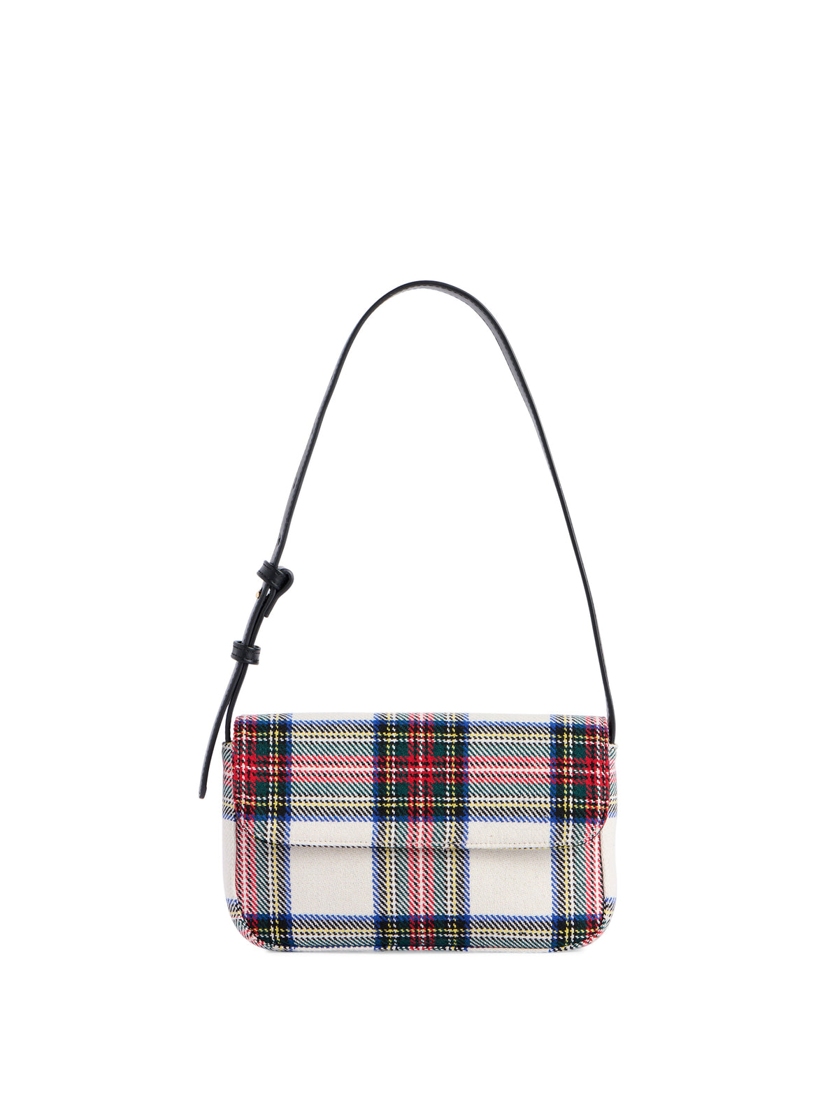 Scottie Tartan Shoulder Bag with Magnetic Snap, Ivory, An ivory tartan plaid shoulder bag with a flap, red, green and blue plaid and a single black strap.