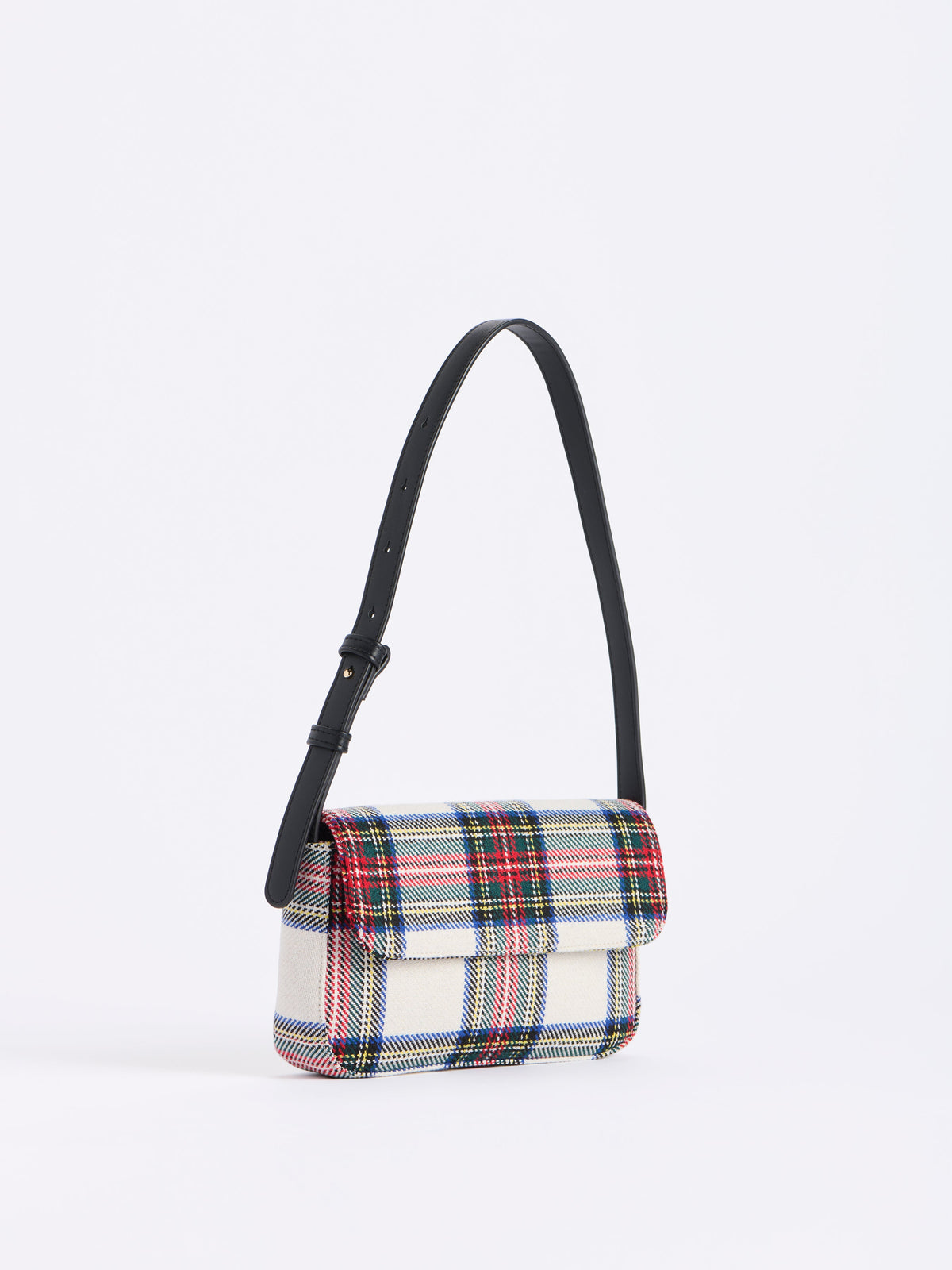 Scottie Tartan Shoulder Bag with Magnetic Snap, Ivory, An ivory tartan plaid shoulder bag with a flap, red, green and blue plaid and a single black strap.