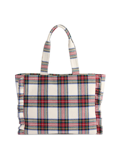 Scottie Tartan Ruffle Tote with Zip Top, Ivory, An ivory tote in a red, green and blue tartan plaid with ruffled edges on both sides and two matching plaid handles.