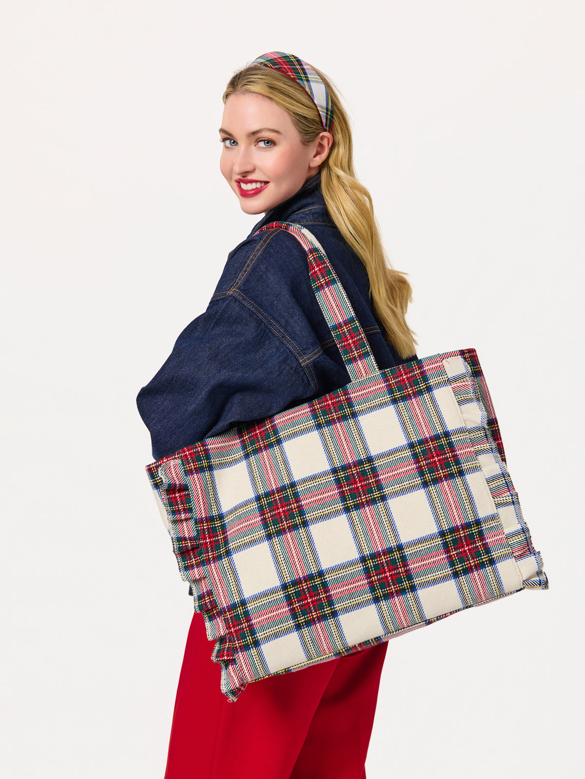 Scottie Tartan Ruffle Tote with Zip Top, Ivory, An ivory tote in a red, green and blue tartan plaid with ruffled edges on both sides and two matching plaid handles.