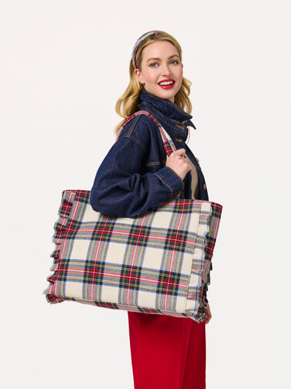 Scottie Tartan Ruffle Tote with Zip Top, Ivory, An ivory tote in a red, green and blue tartan plaid with ruffled edges on both sides and two matching plaid handles.