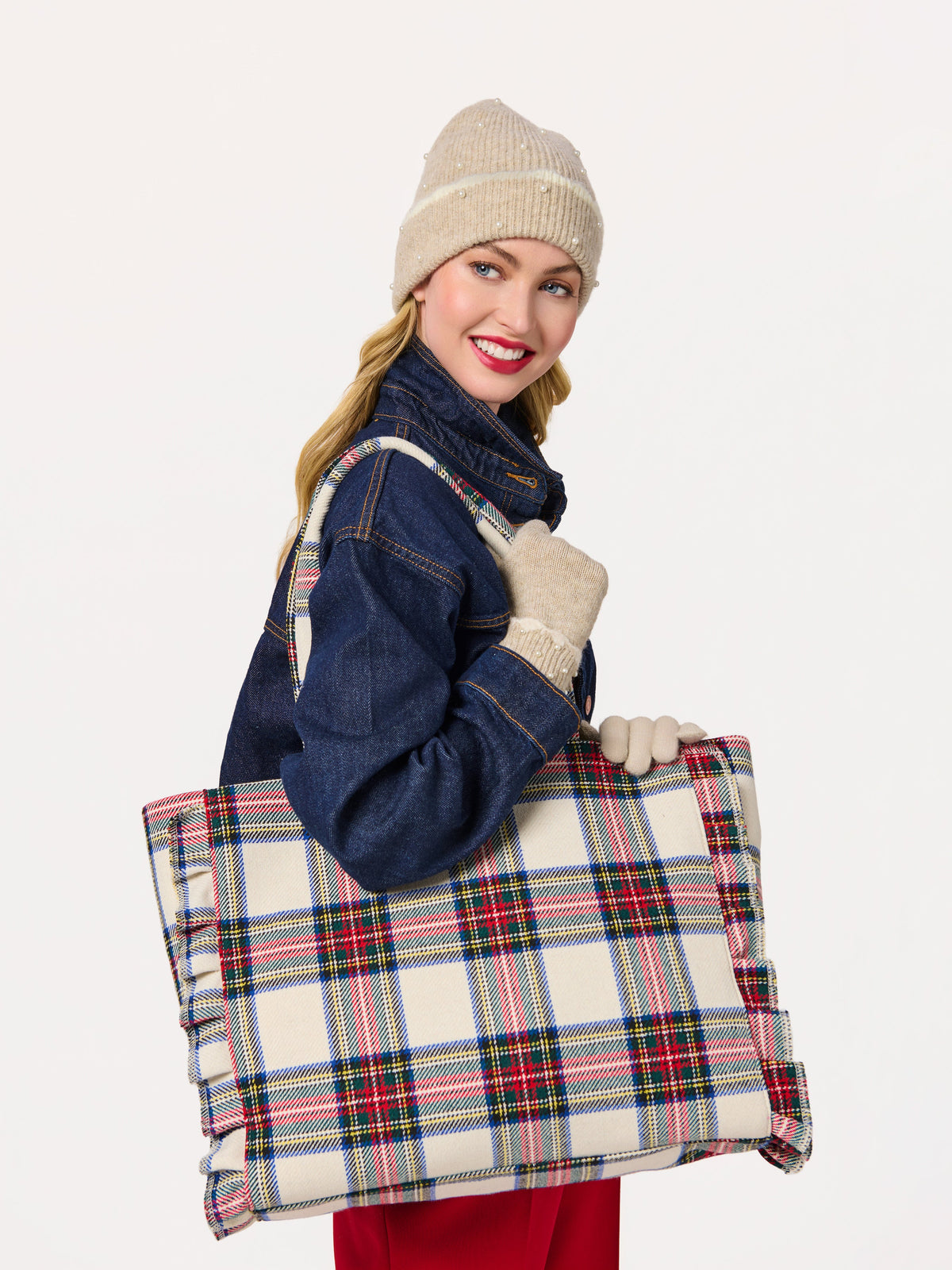 Scottie Tartan Ruffle Tote with Zip Top, Ivory, shown in a styled setting