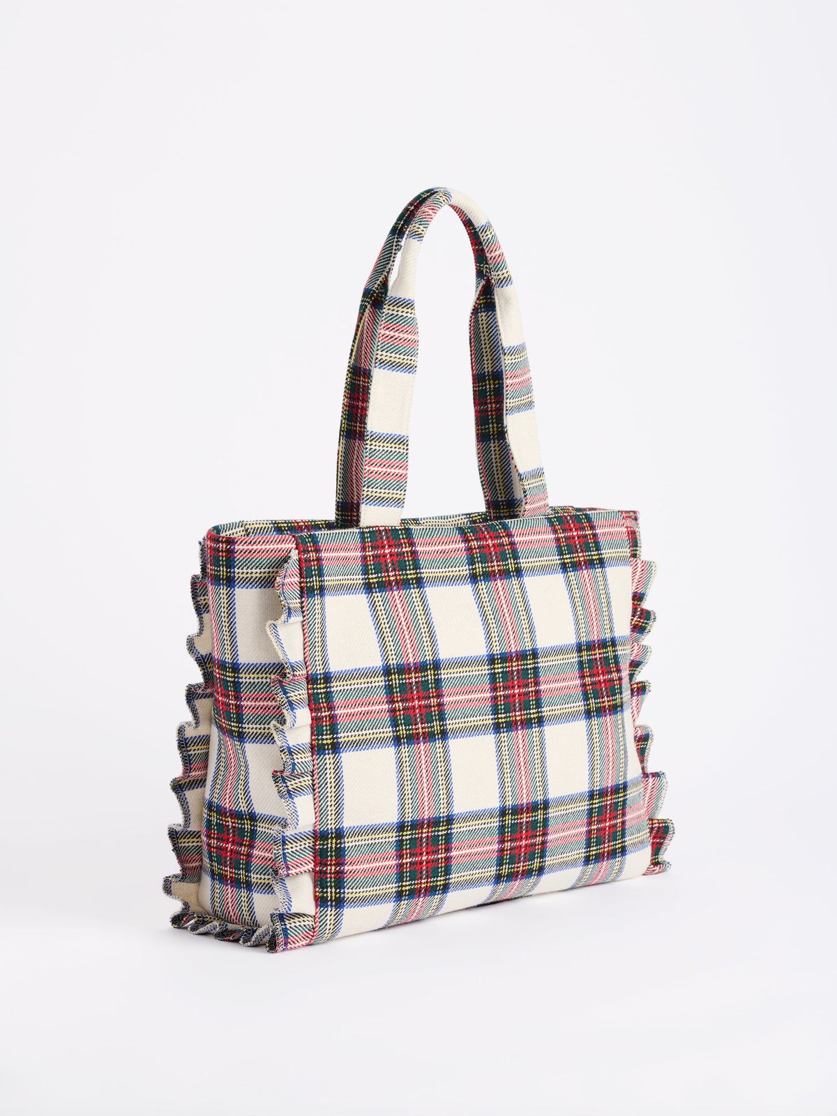 Scottie Tartan Ruffle Tote with Zip Top, Ivory, shown in a styled setting