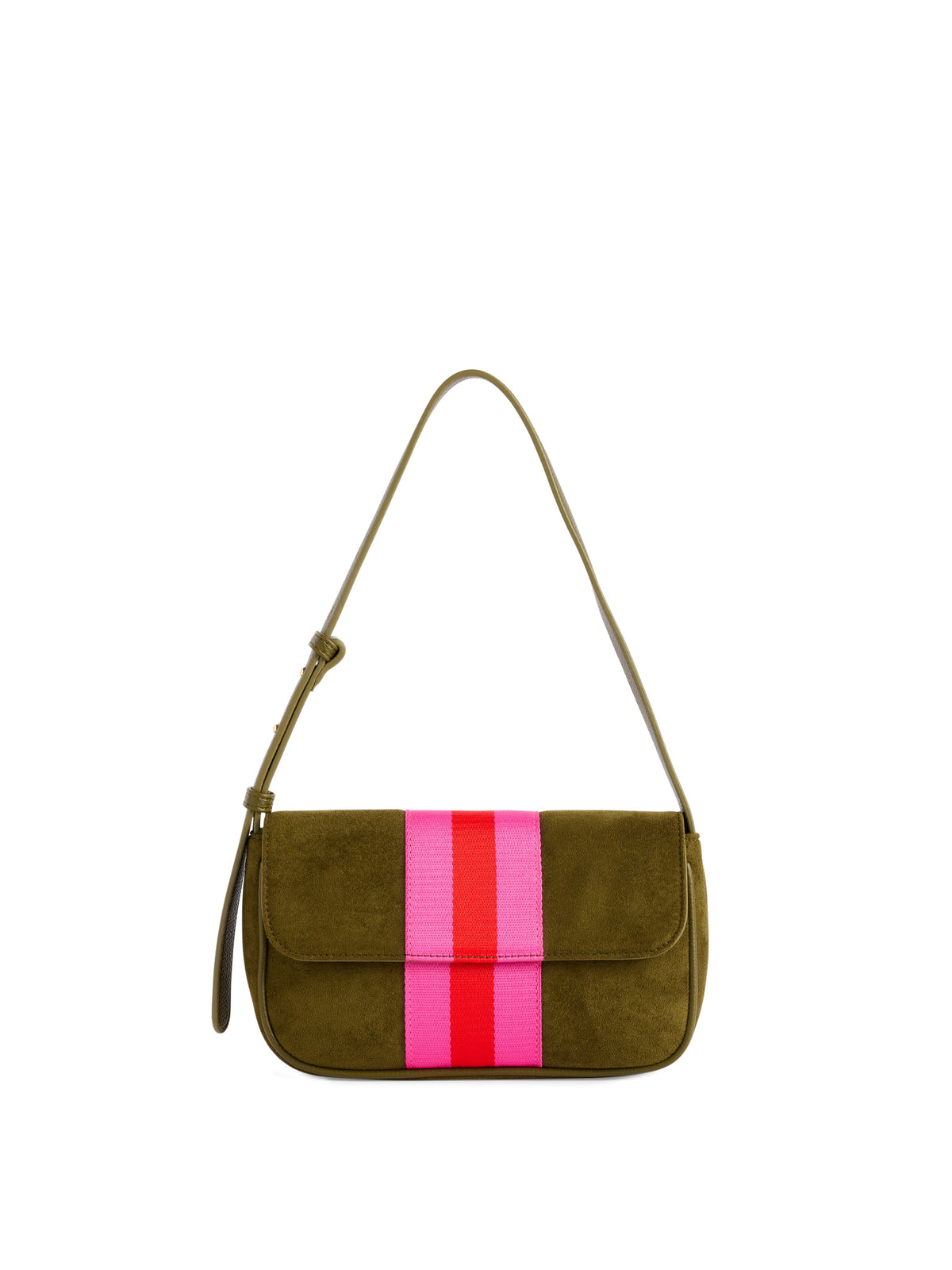 Milano Striped Suede-Inspired Shoulder Bag, Olive, An olive suede-inspired shoulder bag with a flap, a wide pink and red stripe down the center and a thin olive strap.