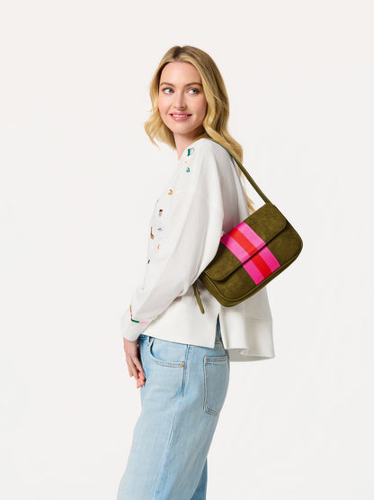 Milano Striped Suede-Inspired Shoulder Bag, Olive, An olive suede-inspired shoulder bag with a flap, a wide pink and red stripe down the center and a thin olive strap.