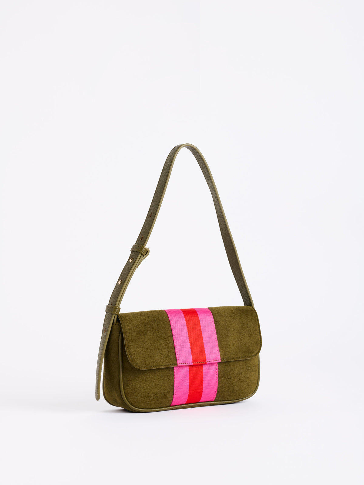 Milano Striped Suede-Inspired Shoulder Bag, Olive, An olive suede-inspired shoulder bag with a flap, a wide pink and red stripe down the center and a thin olive strap.
