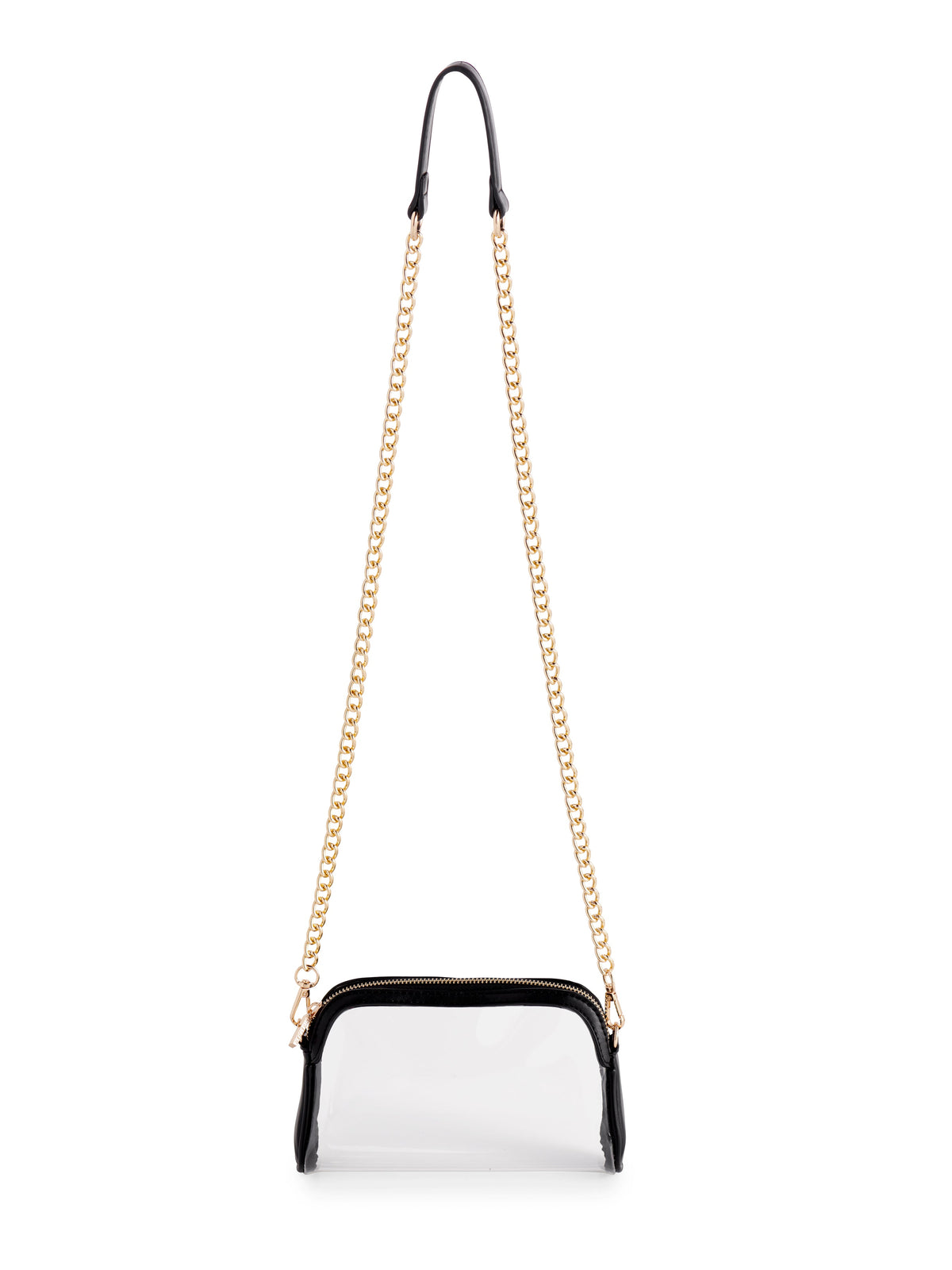 Taylor Clear Cross-Body Bag with Gold Chain Strap, Black, A small clear PU bag with black trim and a zip top, hanging from a long gold chain strap with a black leather-look shoulder piece.