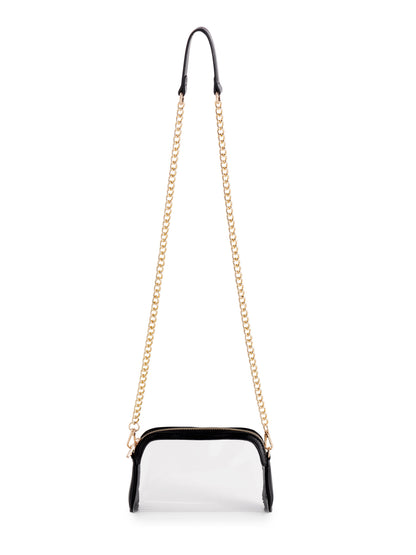Taylor Clear Cross-Body Bag with Gold Chain Strap, Black, A small clear PU bag with black trim and a zip top, hanging from a long gold chain strap with a black leather-look shoulder piece.