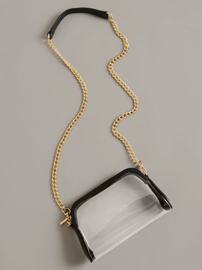 Taylor Clear Cross-Body Bag with Gold Chain Strap, Black, shown in a styled setting