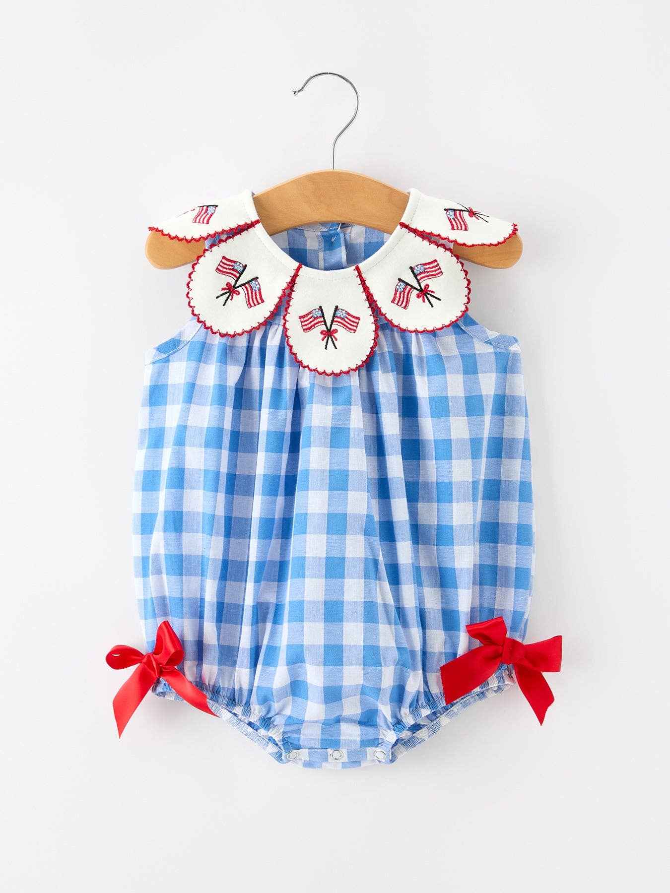 Girls 4th of July Plaid Romper Bow Embroidery Petals Collar: 3M