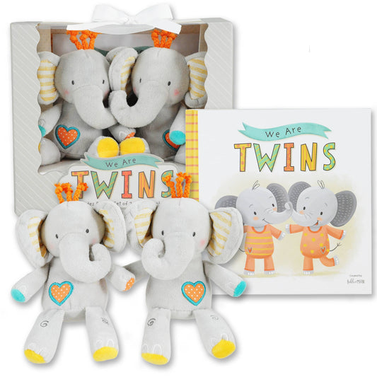 We are Twins Gift Set w Book and 2 Plush Elephant Rattles