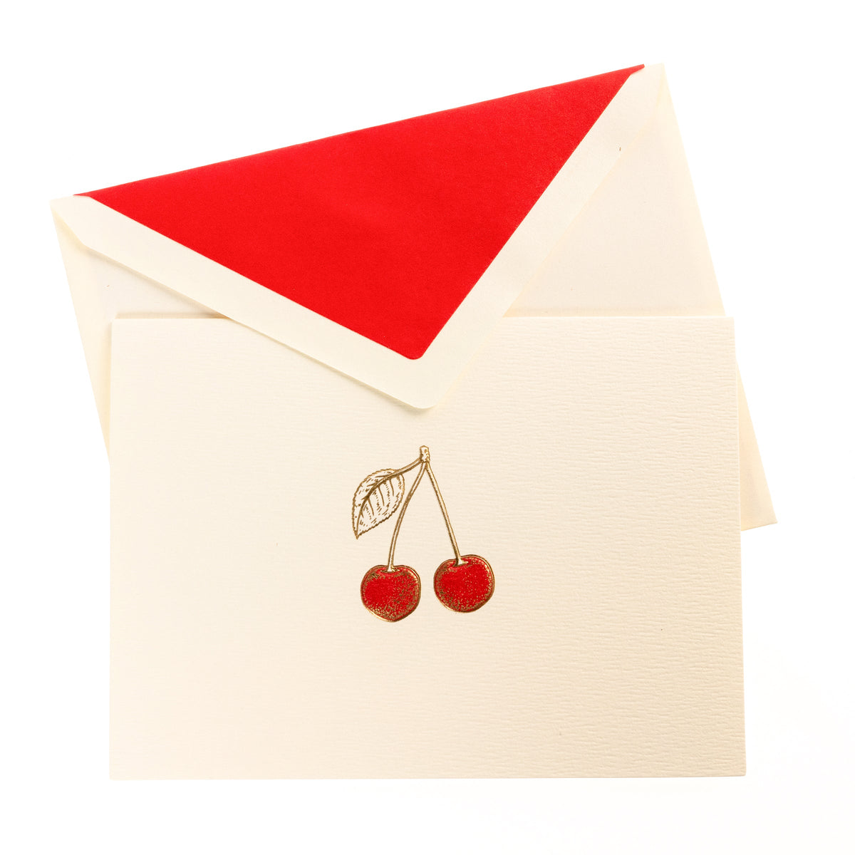 La Petite Presse Cherries Boxed Correspondence Notes, An ivory notecard with gold foil cherries filled in red glitter, paired with a cream envelope lined in bright red.